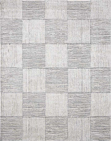 Close-up of Modern Scandi Architect I Area Rug. Ivory rug with black striped block pattern and high pile texture. Design-Rectangle-57