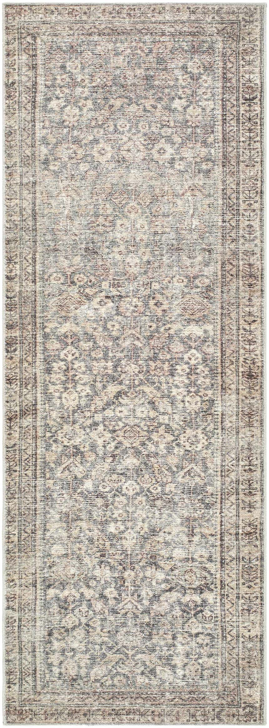 Close-up of a Collins Avenue III Vintage Damask Area Rug. Beige, dark red, green, ivory, and rust farmhouse style rug. Design-Runner-273
