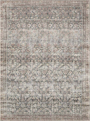 Close-up of the Collins Avenue III Vintage Damask Area Rug. Beige, dark red, green, ivory, and rust colors in a traditional pattern. Design-Rectangle