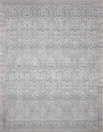 Close-up of the Collins Avenue IV Vintage Damask Area Rug. Charcoal, cream, and gray traditional damask pattern. Design-Rectangle