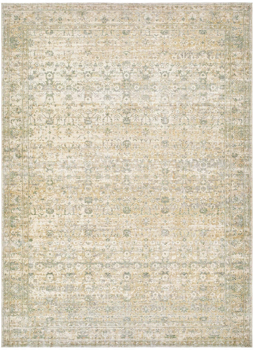 Close-up of Becki Olive Owens x Livabliss Renaissance Area Rug. Beige, olive, and tan traditional rug with a farmhouse style. Design-Rectangle-810