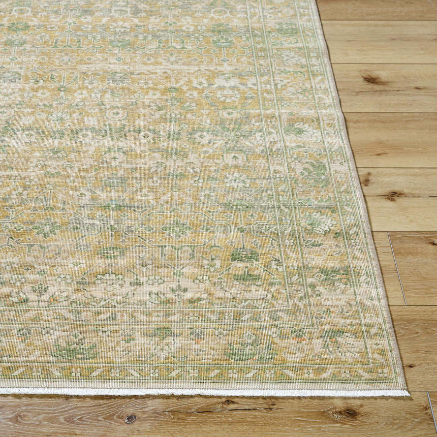 Close up of the Becki Olive Owens x Livabliss Renaissance Area Rug, a beige, olive, and tan traditional wool rug. Front