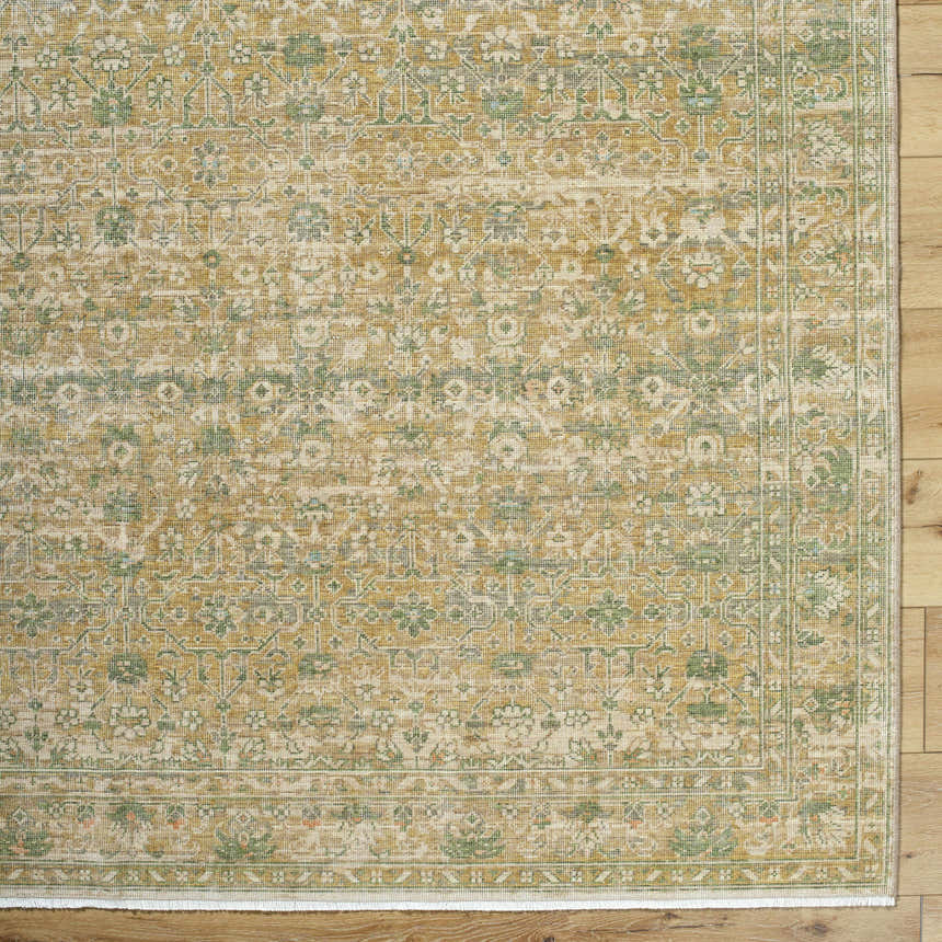 Close-up of Becki Olive Owens x Livabliss Renaissance Area Rug. Beige, olive, tan, and taupe traditional floral pattern. Corner