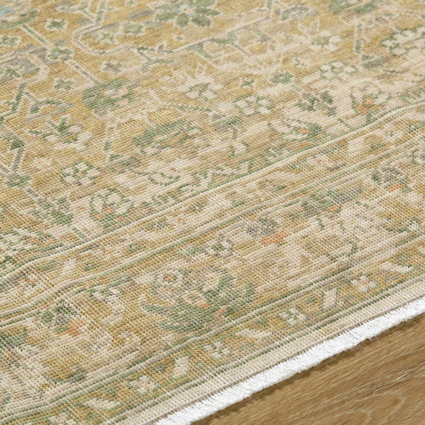 Close-up of the beige, olive, and tan Becki Owens x Livabliss Renaissance Area Rug showing its handcrafted wool texture. Texture