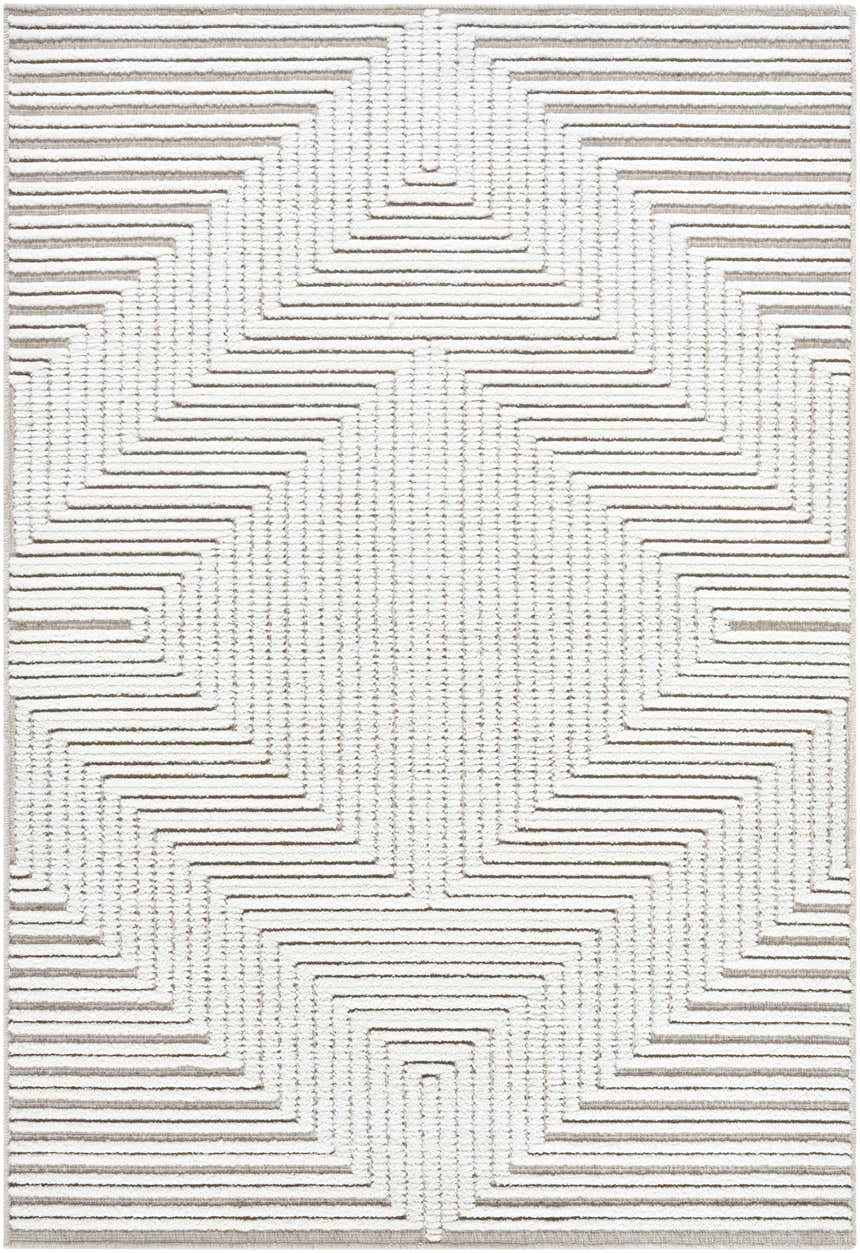Close-up of Briana Beige Washable Area Rug. Contemporary style with geometric pattern in beige and off-white. Design-Rectangle-57