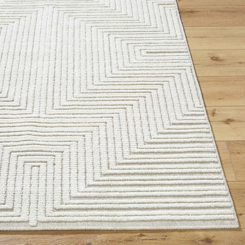 Close-up of Briana Beige Washable Area Rug. Contemporary design with geometric pattern and textured pile. Beige and off-white colors. Front