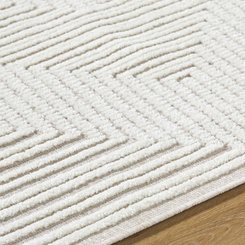 Close-up of Briana Beige Washable Area Rug showing geometric pattern and soft, textured pile. Contemporary style. Texture