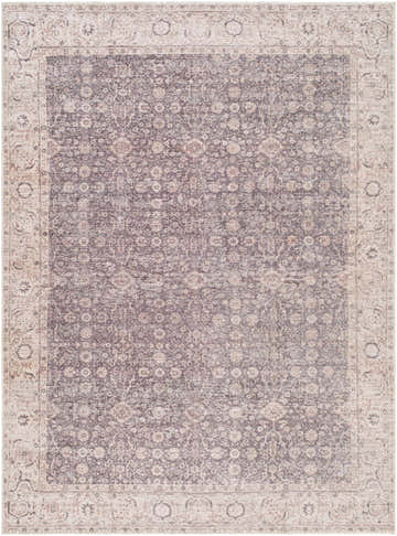 Close-up of the Spokane Maroon Area Rug, a traditional farmhouse style rug with charcoal, ivory, and tan floral pattern. Design-Rectangle-537