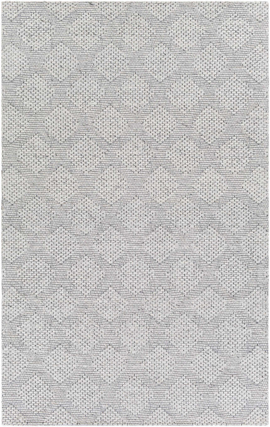 Close-up of the hand woven Bakersfield Area Rug. Contemporary style in black, charcoal and off white wool. Design-Rectangle-576
