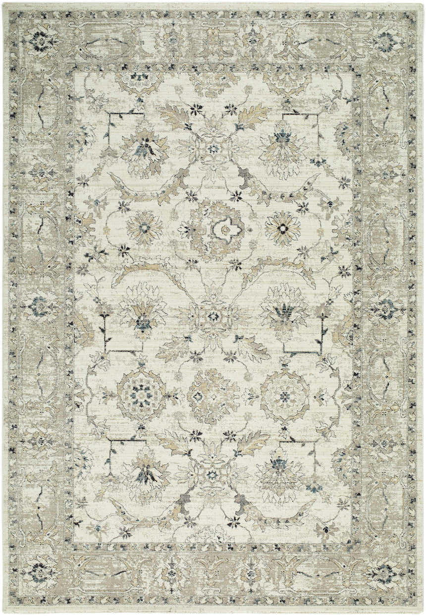Close-up of the Yume Ivory Persian rug, showcasing its charcoal, olive, and slate blue floral pattern and traditional design. Design-Rectangle-6796
