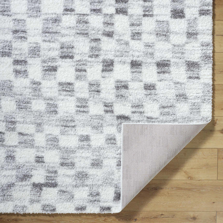 Close-up of the Aneska Area Rug showing its gray and ivory shag texture and geometric pattern on wood flooring. Fold