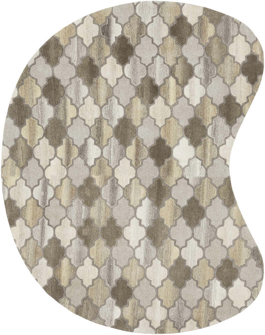 Close-up of the Bluffdale rug featuring a quatrefoil pattern in shades of beige, brown, tan, and taupe. Design-Custom