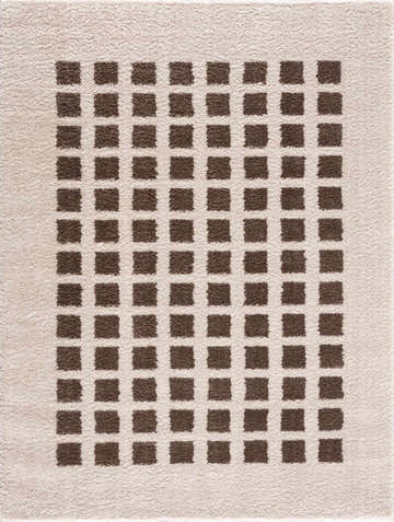 Close-up of the Baback Brown Washable Area Rug, featuring a grid pattern of dark brown squares on a light peach background. Design-Rectangle-537