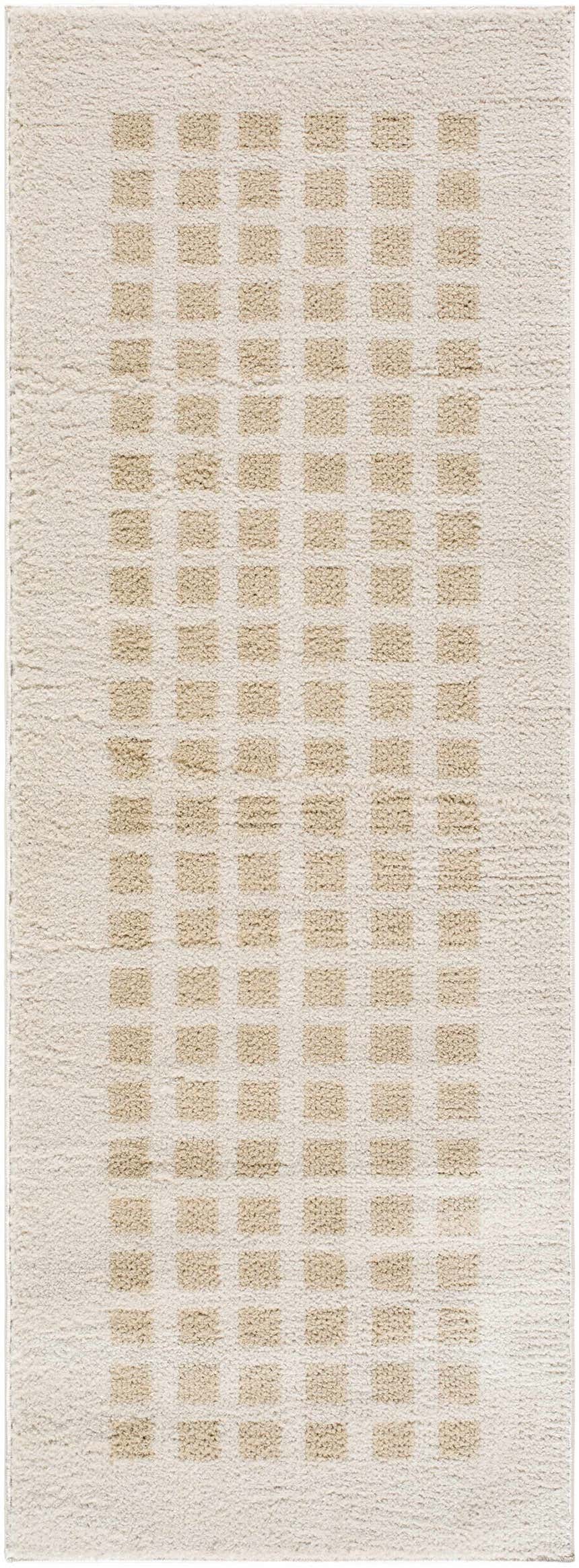 Close-up of the Baback Beige Washable Area Rug. Features a textured, low-pile design with beige square pattern on a cream background. Design-Runner-2773