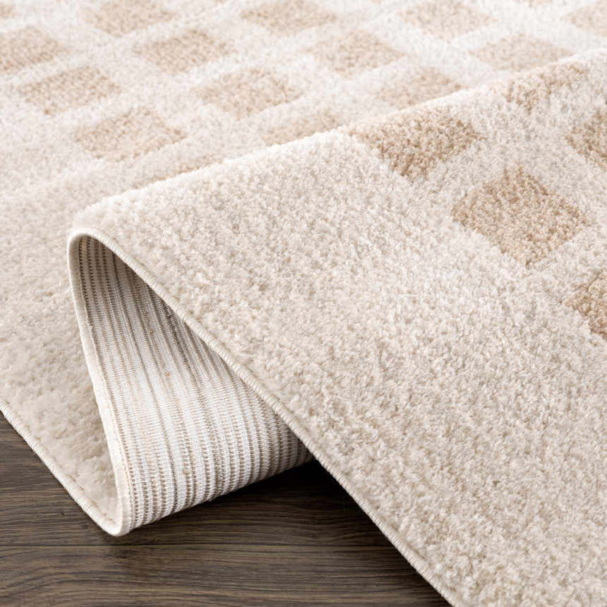 Close-up of the Baback Beige Washable Area Rug showing its soft texture and contemporary beige and peach geometric pattern. Fold