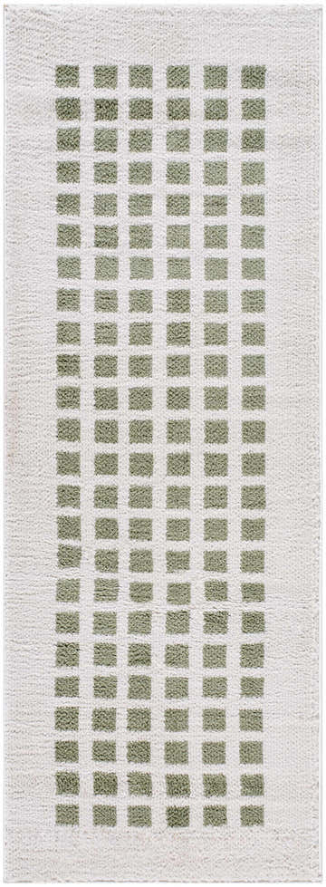 Close-up of the Baback Green Washable Area Rug, featuring a textured white base and lime green geometric square pattern. Design-Runner-2773
