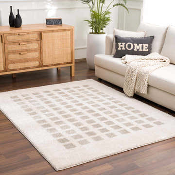Living room scene with Baback Gray Washable Area Rug, sofa, wood cabinet, and plant. Neutral tones create a calming, contemporary mood. Roomscene-Rectangle