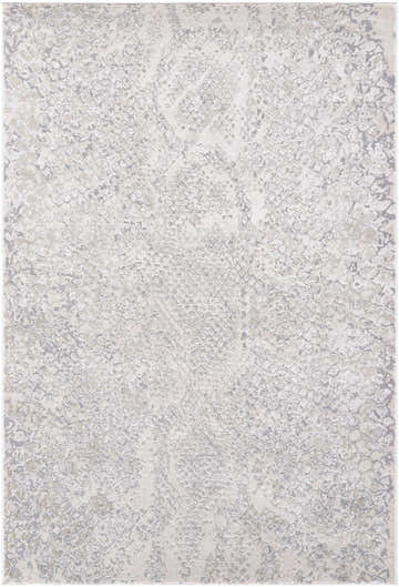 Close-up of the Basima Area Rug, a contemporary rug in cream, ivory, light gray, and peach with a subtle abstract pattern. Design-Rectangle-5373