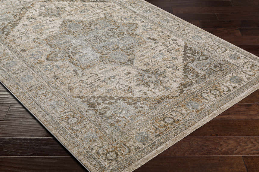 Close-up of the Ballisodare Thick Luxe Boutique Rug, showcasing its traditional oriental pattern in beige, gray, and olive tones. Corner