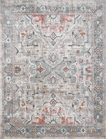 Detailed view of the Bolinas Area Rug, a traditional design in brick red, camel, and gray polypropylene. Design-Rectangle