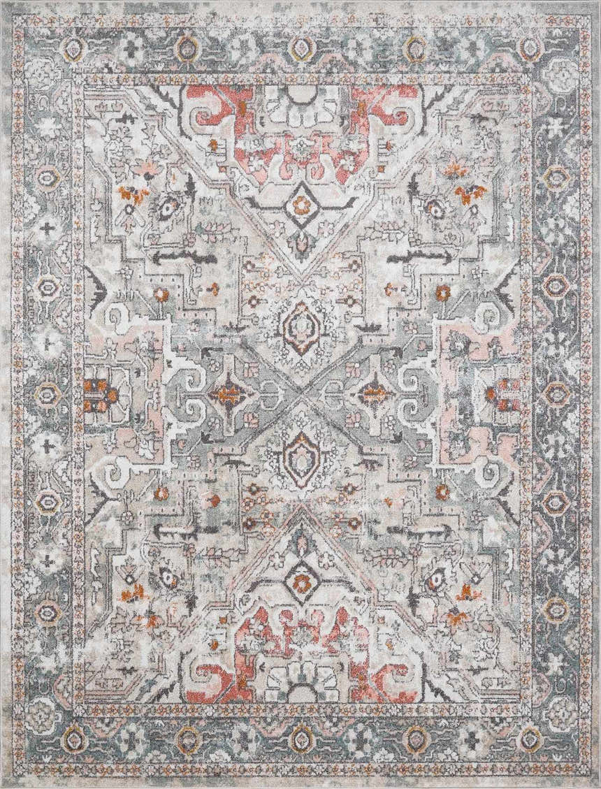 Detailed view of the Bolinas Area Rug, a traditional design in brick red, camel, and gray polypropylene. Design-Rectangle