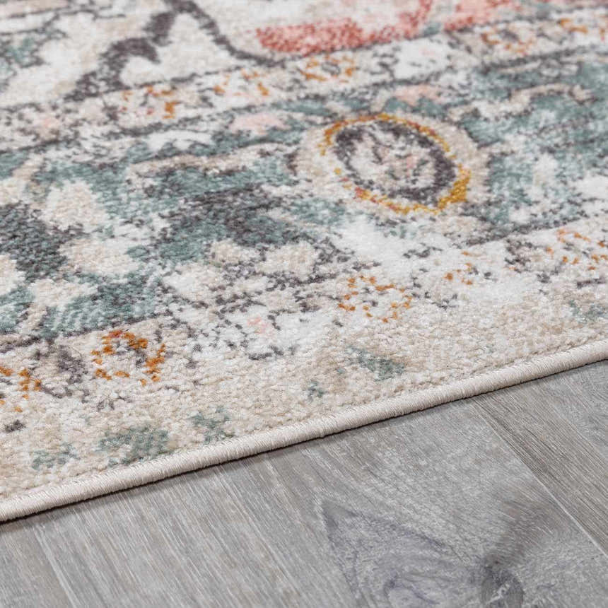 Close-up of the Bolinas Area Rug showing its brick red, camel, and light gray bohemian-style pattern and soft texture. Pile
