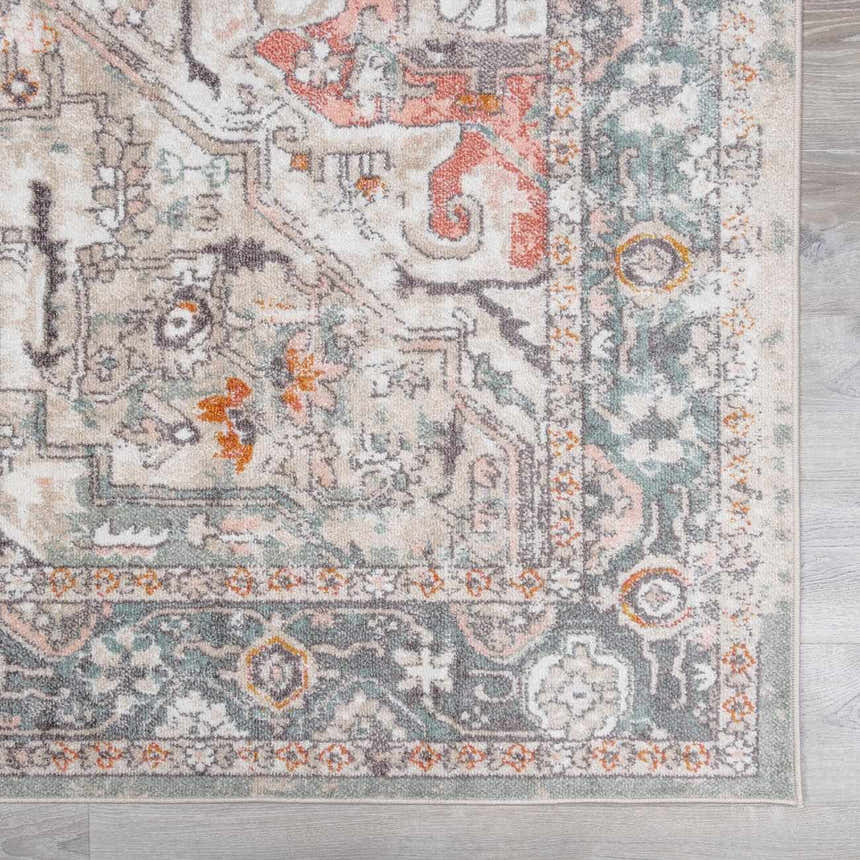 Close up of the Bolinas Area Rug showing its brick red, camel, and charcoal Oriental pattern. Swatch