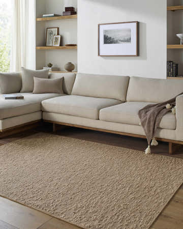 Living room scene with a neutral sectional and the Breena Solid Taupe Washable Area Rug on hardwood floors. Shelves and artwork decorate the walls. Roomscene-Rectangle