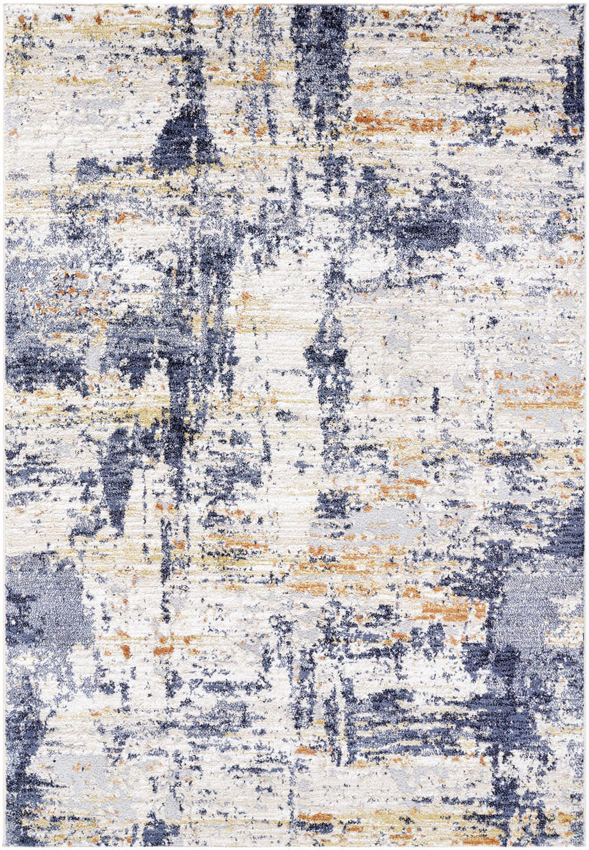 Close-up of the Bazyli Area Rug. Contemporary ivory, light gray, navy, peach, and white abstract design. Design-Rectangle-5373