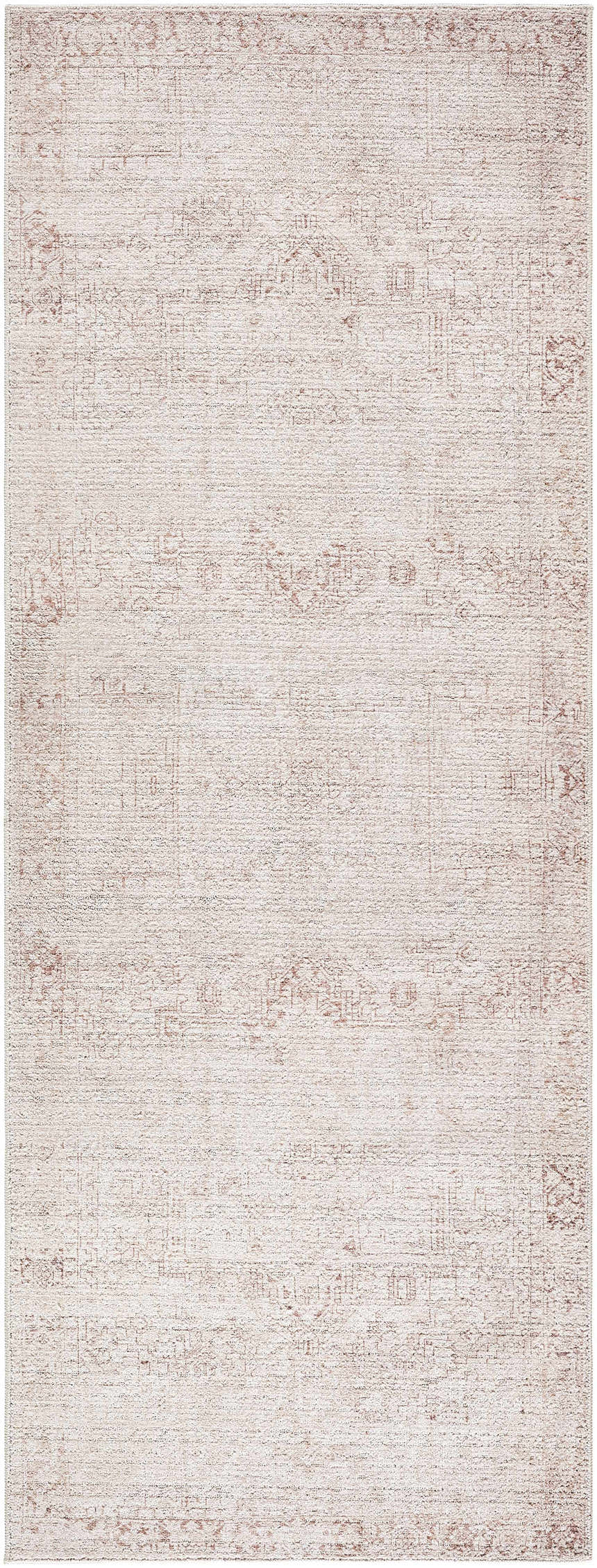 Close-up of the Galey Alix Collins Avenue V Vintage Medallion Rug. Beige, dark red, ivory, and light gray farmhouse style. Design-Runner-2773