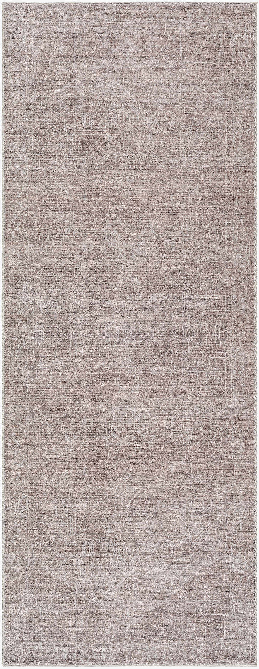 Close-up of the Galey Alix Collins Avenue VI Vintage Medallion Rug. Features a traditional, distressed dark brown and ivory pattern. Design-Runner-2773