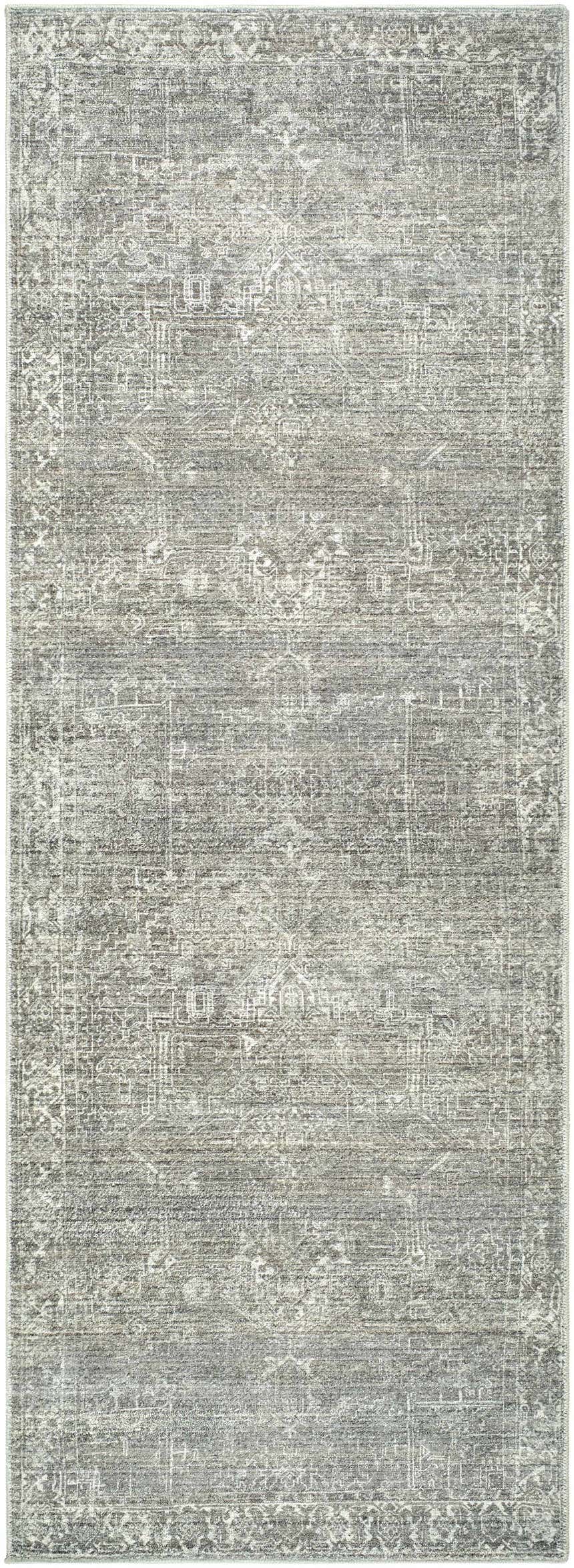 Close-up of the Galey Alix Collins Avenue VII Vintage Medallion Rug. Gray, green, and ivory farmhouse style rug with a traditional pattern. Design-Runner-2773