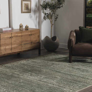 Living room scene with a Galey Alix Collins Avenue VII gray and green vintage medallion rug, wood cabinet, and leather chair. Roomscene-Rectangle