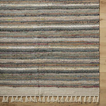 Close-up of the hand woven Brenda Sage Area Rug, a cotton rug with charcoal, ivory, olive, rust, and sandstone stripes. Swatch