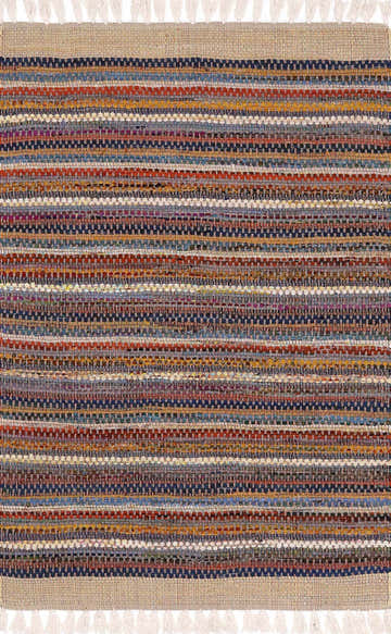 Close-up of the hand woven Brenda Indigo Area Rug. Features stripes of indigo, mustard, rust, olive, and tan. Design-Rectangle