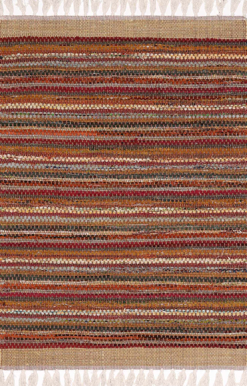 Close-up of the hand woven Brenda Crimson Area Rug. Features red, orange, and neutral stripes with tassel fringe. Design-Rectangle