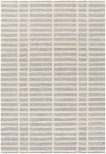 Close-up of the Bendek Medium Gray Area Rug showing its ivory and gray horizontal stripe pattern and hand-tufted wool texture. Design-Rectangle-576