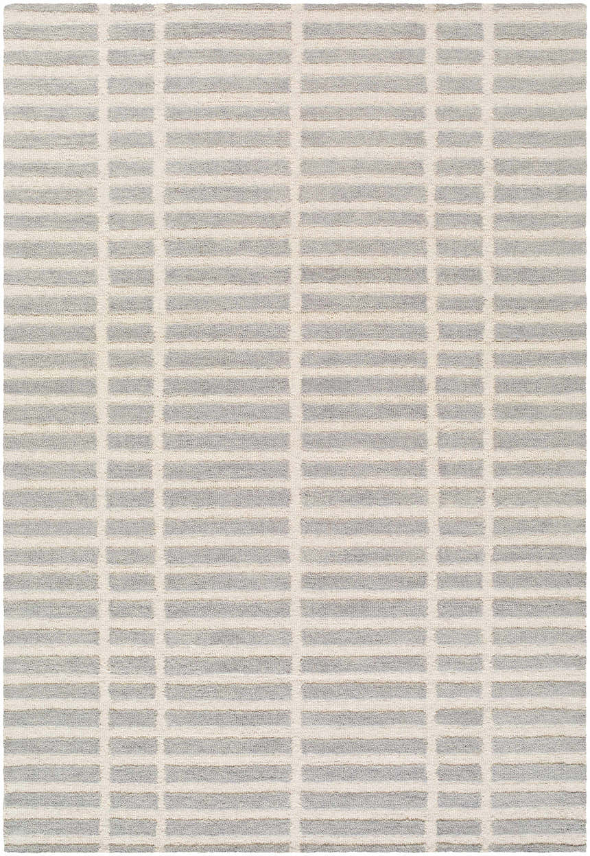 Close-up of the Bendek Medium Gray Area Rug showing its ivory and gray horizontal stripe pattern and hand-tufted wool texture. Design-Rectangle-576