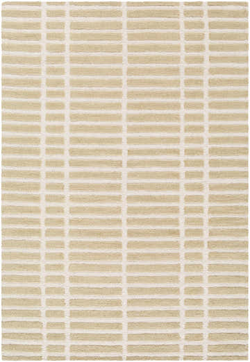 Close-up of the Bendek Beige Area Rug showing a contemporary ivory and beige stripe pattern and hand-tufted wool texture. Design-Rectangle-576