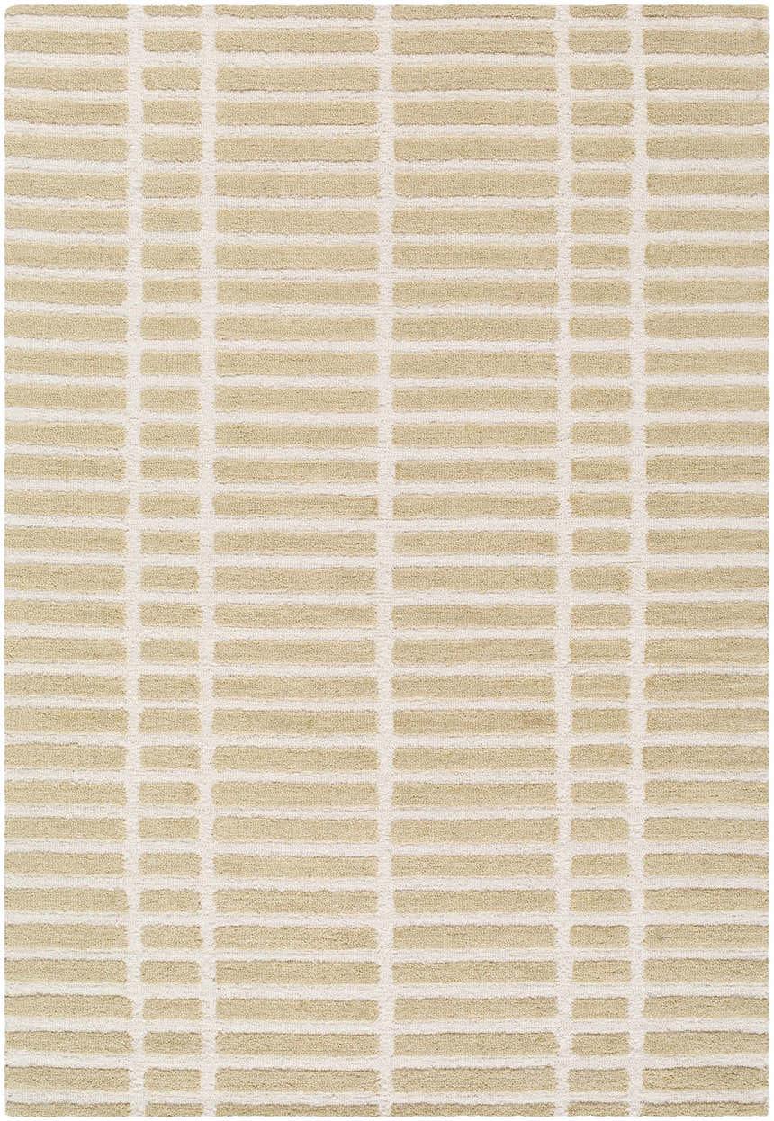 Close-up of the Bendek Beige Area Rug showing a contemporary ivory and beige stripe pattern and hand-tufted wool texture. Design-Rectangle-576