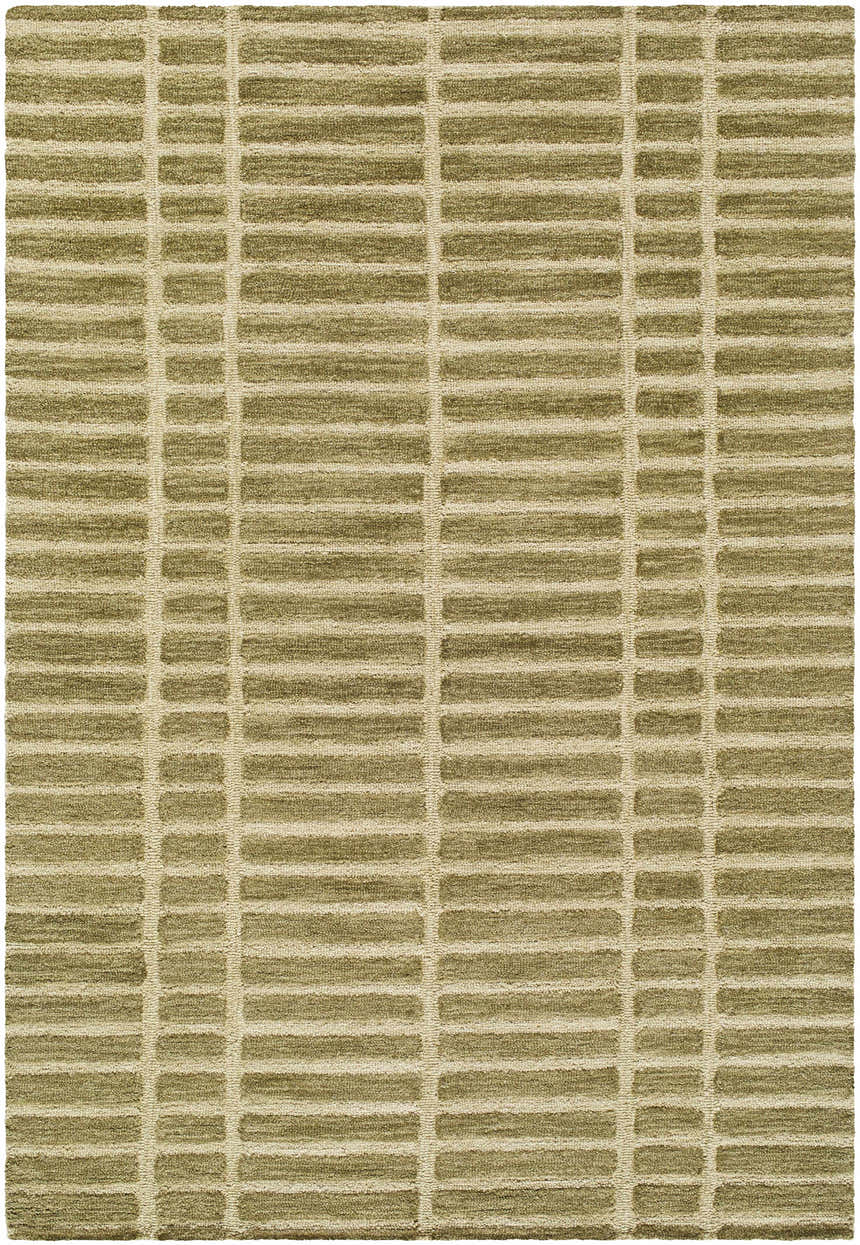 Close-up of the Bendek Olive Area Rug. Beige and olive wool rug with a contemporary, textured block pattern. Design-Rectangle-576