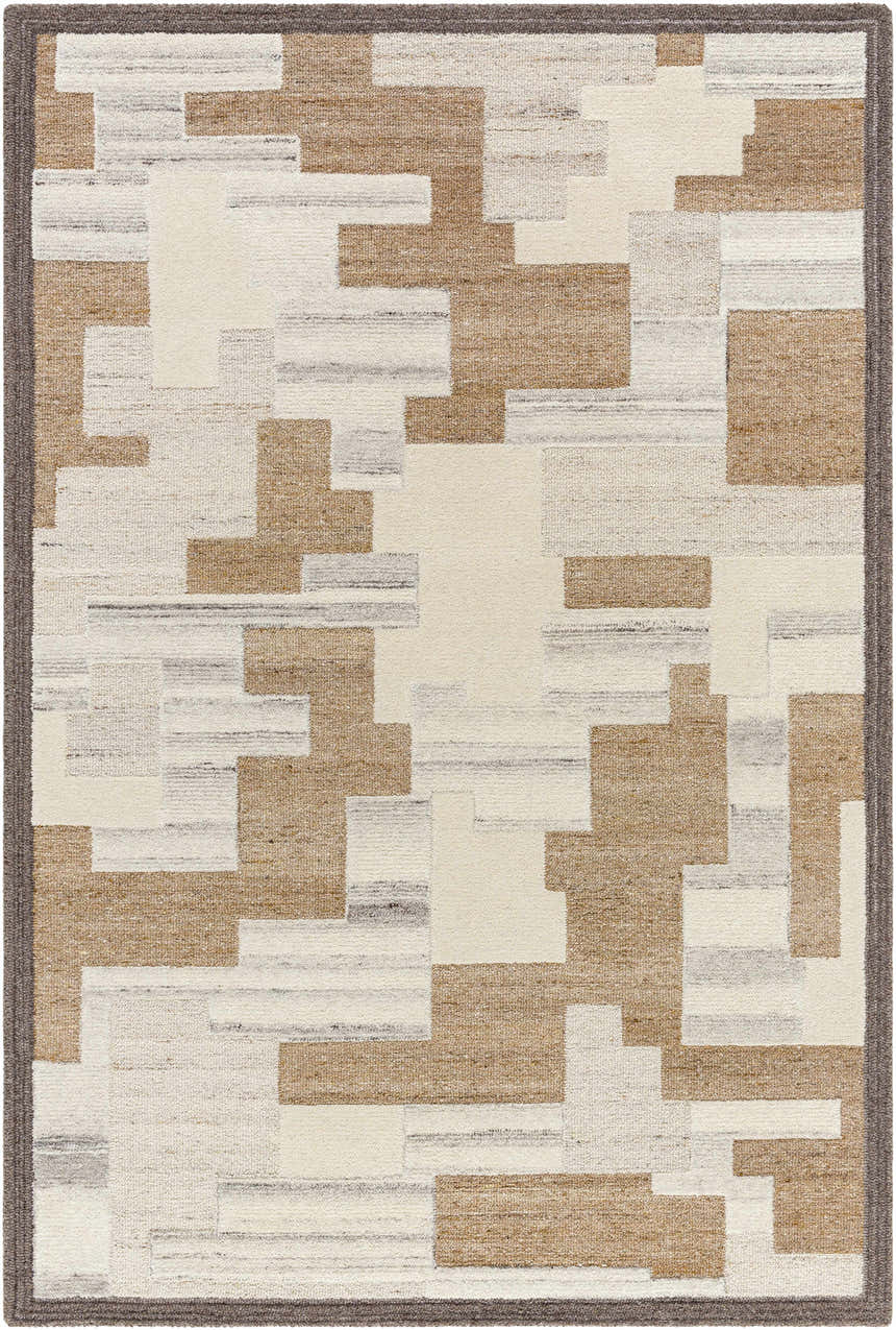 Close-up of the Berker Area Rug. Hand-tufted wool rug with a contemporary geometric pattern in beige, cream, taupe, and charcoal. Design-Rectangle-576