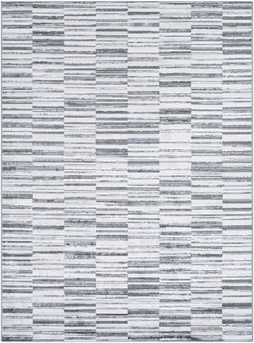 Close-up of Bronco Broken Striped Area Rug. Contemporary design with black, charcoal, gray, ivory, and peach stripes. Design-Rectangle-527