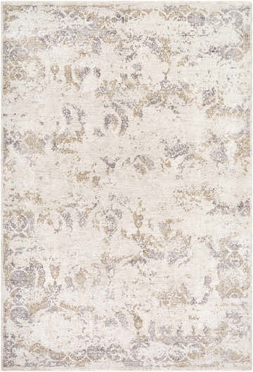 Close-up of the Brigit Area Rug. Southwestern style rug in cream, charcoal, gray, olive and tan with a distressed pattern. Design-Rectangle-6796
