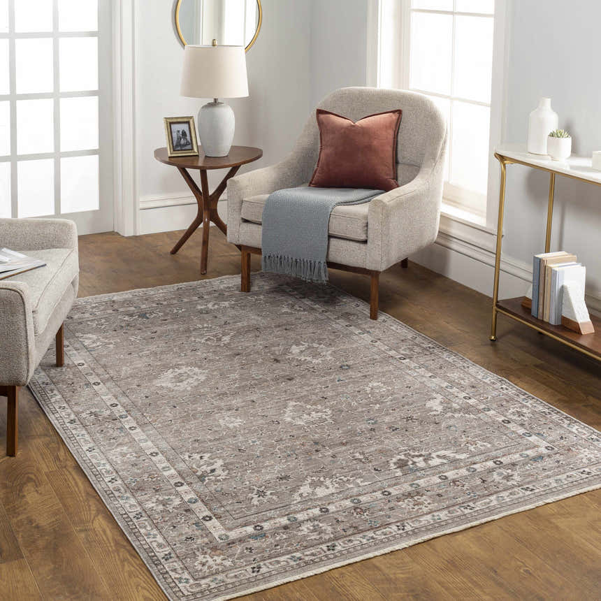 Living room scene with a brown and ivory Bolitoc Area Rug, beige armchair, and wood floors. Traditional style. Roomscene-Rectangle