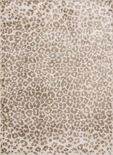 Close-up of the Tan Bonhill Leopard Print Area Rug. Features a brown and oatmeal animal print pattern. Soft texture. Design-Rectangle