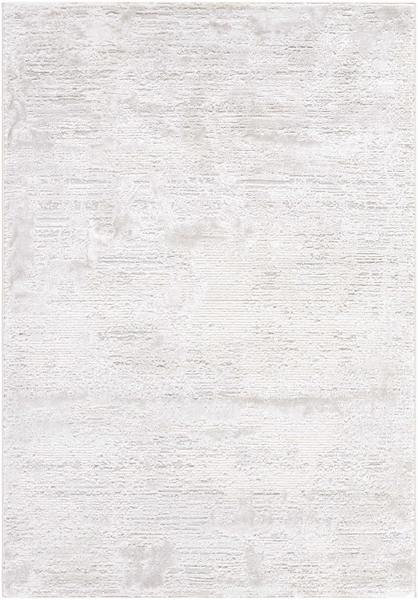 Close-up of the Aramis Area Rug. Cream, ivory, light gray, and white textured contemporary design. Design-Rectangle-537