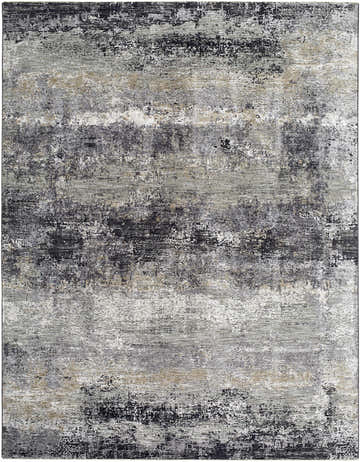 Close-up of the Behzad Medium Gray Area Rug. Features black, charcoal, gray, ivory, and tan hues with a distressed pattern. Design-Rectangle-710102