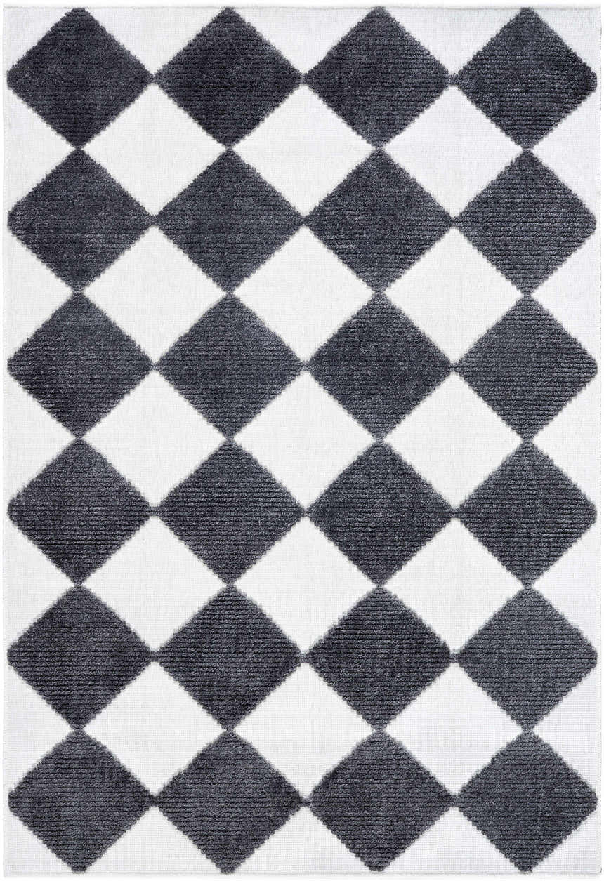 Close-up of Bosley Black Washable Area Rug, featuring a contemporary black and off-white diamond pattern. Design-Rectangle-57