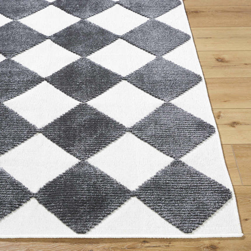 Close-up of Bosley Black Washable Area Rug. Contemporary style with a black and off-white diamond pattern. Machine woven texture. Front